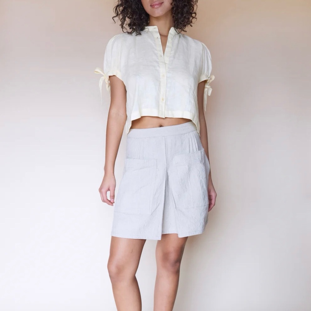 $275 Emma Rothkopf Linen Cotton Mini Pleated Tennis Skirt Large L Natural / Ecru - Picture 2 of 8